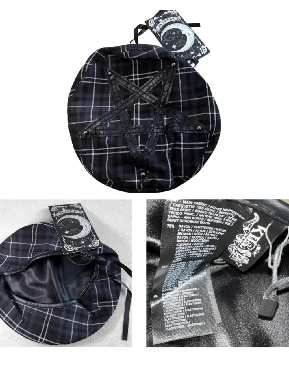 NWT Killstar Dark Fate Silk Spiked Ash Tartan Goth Pentagram Beret Witchy Punk